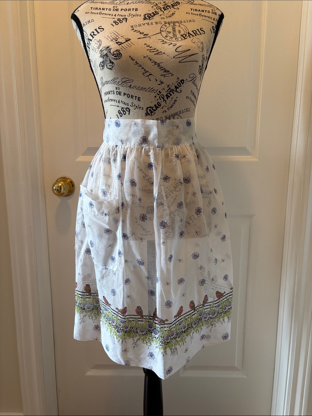 Vintage White Midi Apron Skirt with Multicolor Bird Border